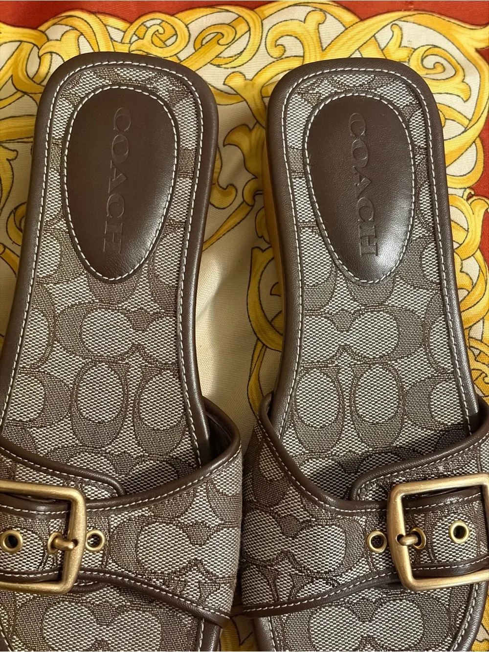 Coach Brown Signature Jacquard Slide Sandals with Gold Buckle